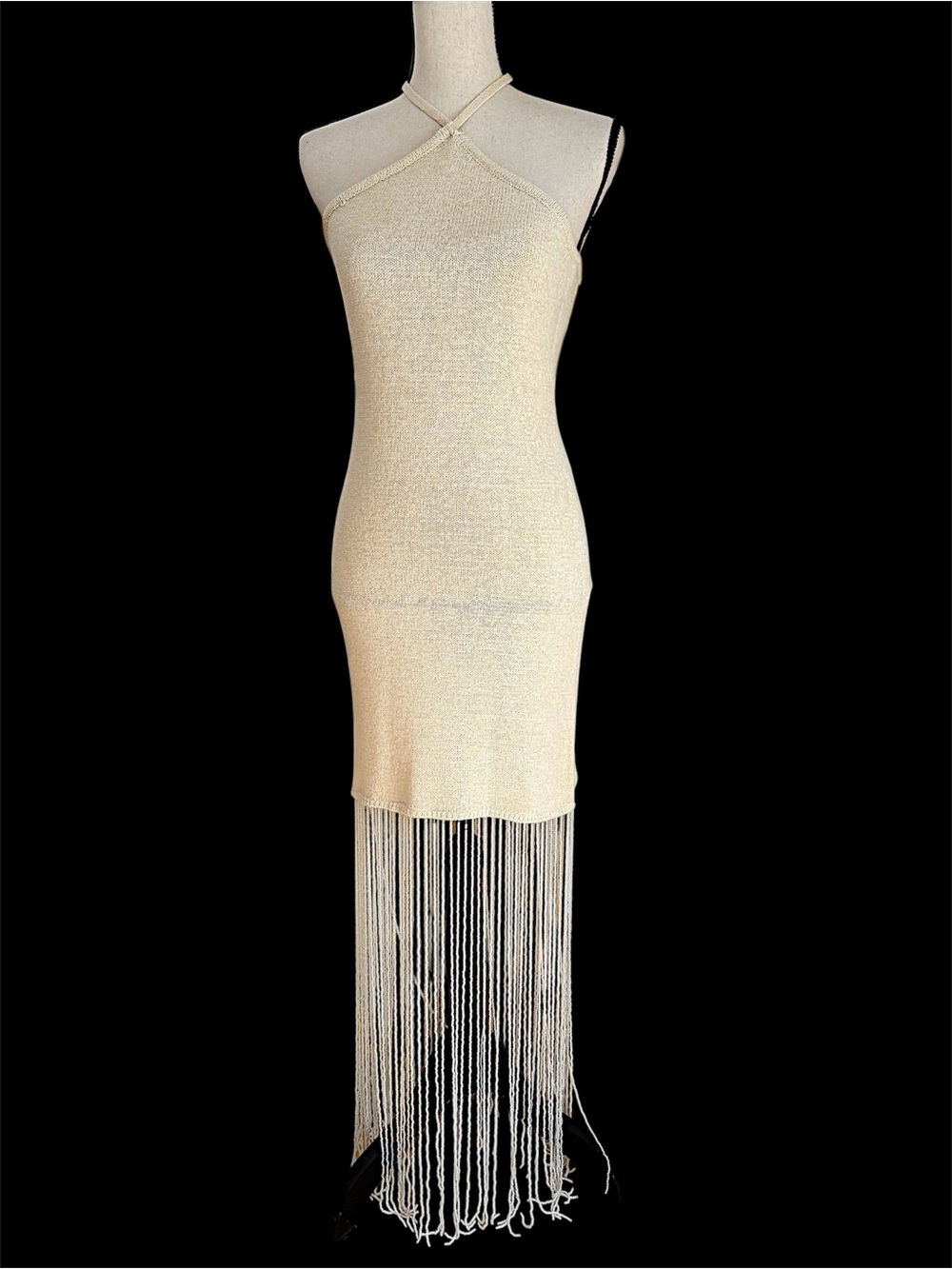 Sleeveless Cream Fringe Hem Bodycon Dress
